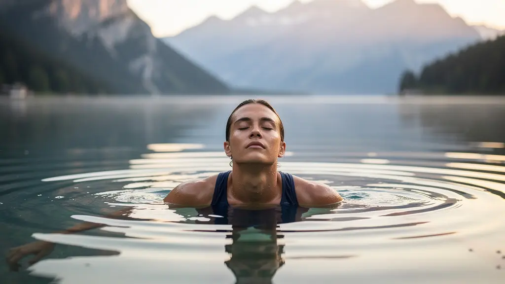 Schwimmer in ruhigem Schweizer Bergsee während Regenerationsphase