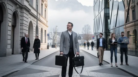 Geschäftsmann am Scheideweg zwischen klassischer Bank und modernem Fintech-Büro in Zug
