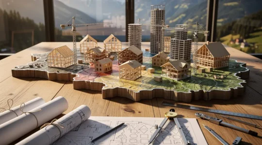 Architekturmodell mit kantonalen Wappen und Bauvorschriften-Dokumenten auf einem Schweizer Planungstisch