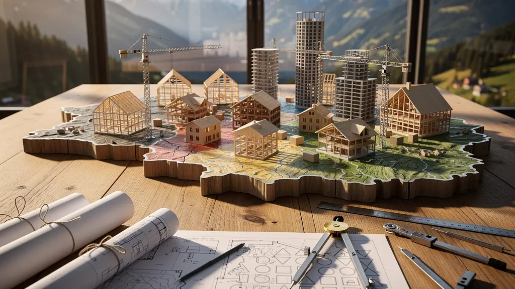 Architekturmodell mit kantonalen Wappen und Bauvorschriften-Dokumenten auf einem Schweizer Planungstisch