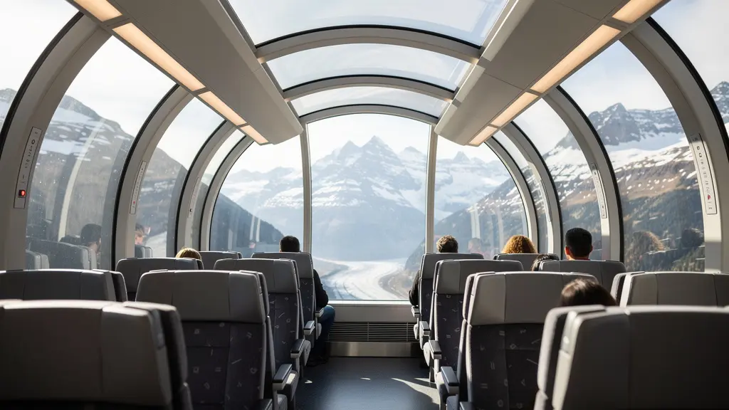 Innenperspektive eines Panoramazuges mit Blick auf Schweizer Berglandschaft durch grosse Fenster