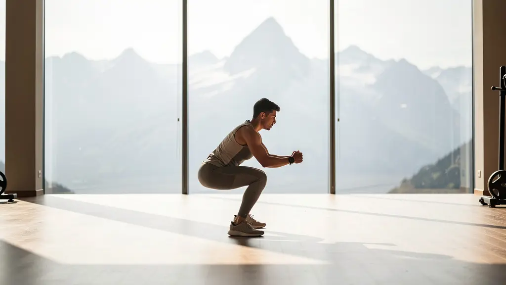 Demonstration einer tiefen Kniebeuge mit vollem Bewegungsradius im Schweizer Fitnessstudio