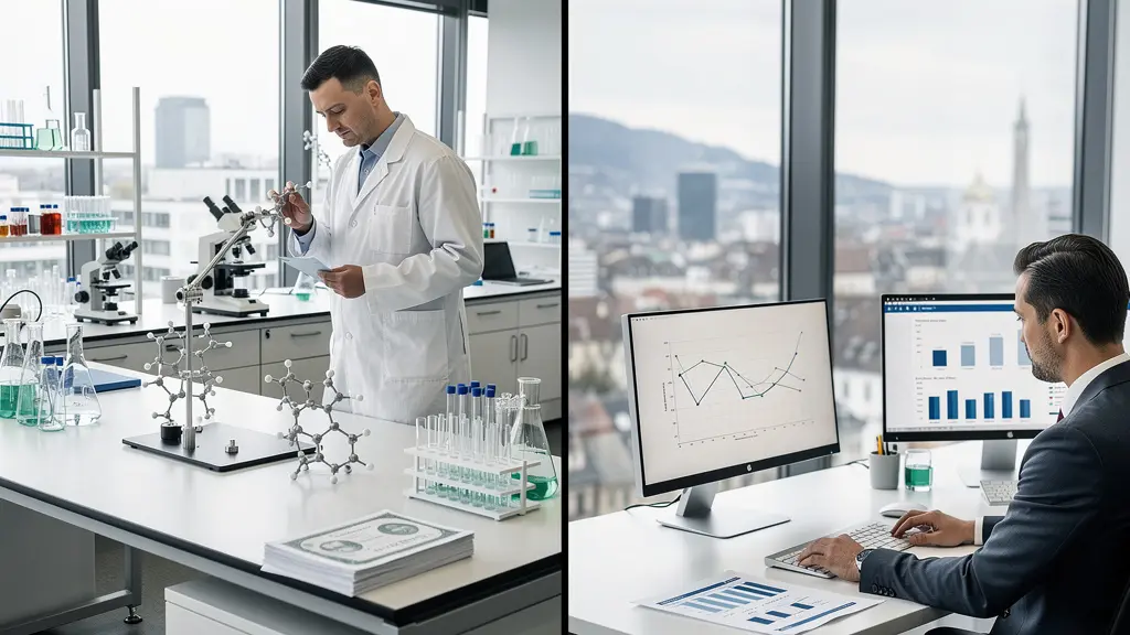 Labor mit Wissenschaftler und Bankbüro zeigen unterschiedliche Vergütungsmodelle