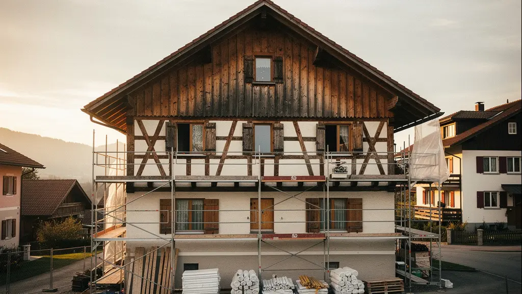 Historisches Fachwerkhaus während der Renovierung mit sichtbaren Holzbalken und modernen Schutzplanen