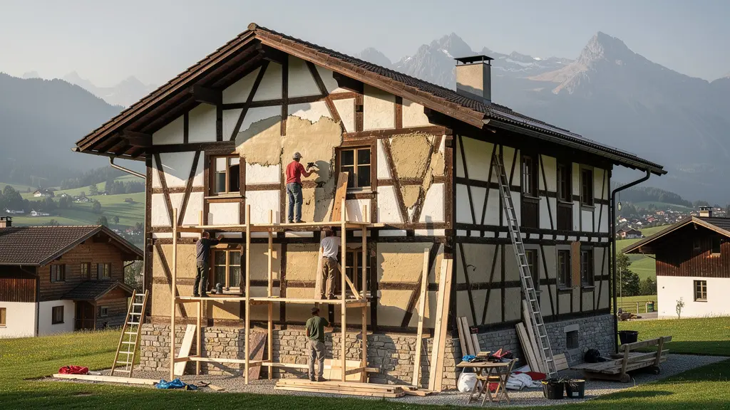 Historisches Schweizer Riegelhaus während der Sanierung mit traditionellem Kalkputz