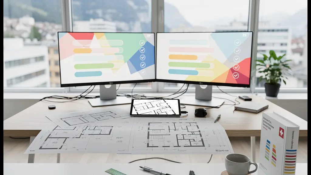 Moderner Arbeitsplatz mit Computer zeigt digitale Baugesuch-Plattform und Architekturpläne