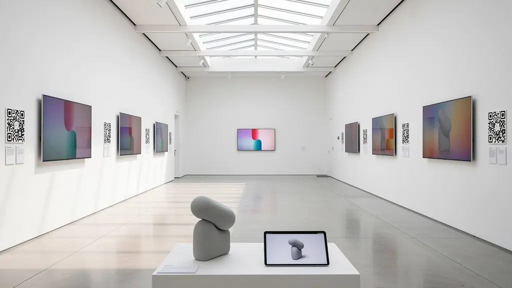 Digitale Kunstwerke mit Blockchain-Verifizierung in modernem Schweizer Galerie-Setting