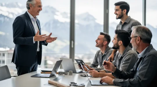 Führungskräfte und Mitarbeitende arbeiten gemeinsam an der digitalen Transformation eines Schweizer KMU