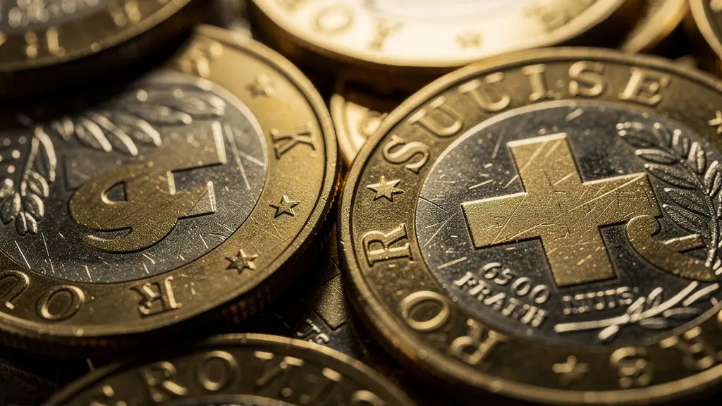 Makroaufnahme von Schweizer Münzen mit Fokus auf Details, die den Wert und die Stabilität von Dividenden symbolisiert.
