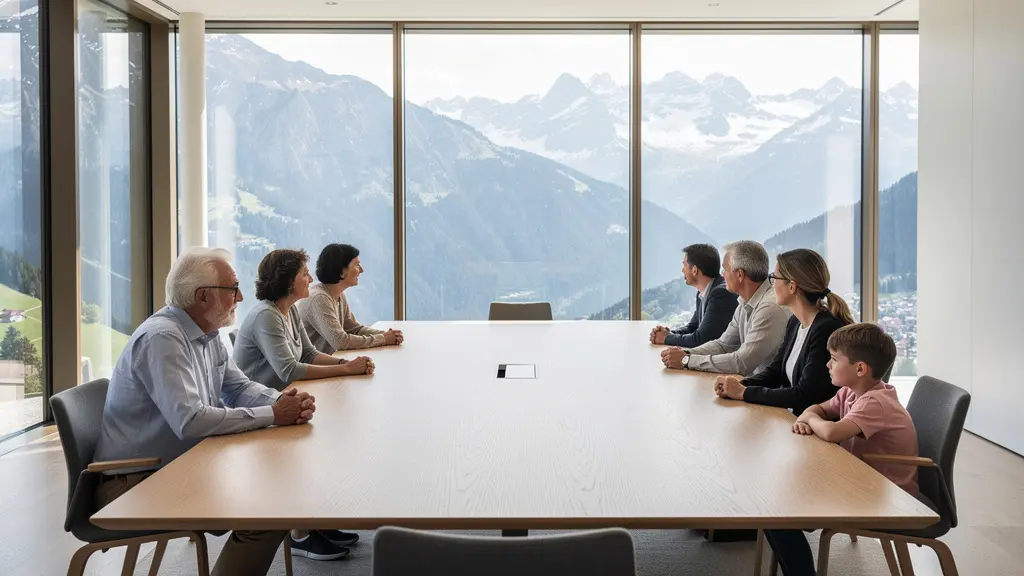 Familienmitglieder verschiedener Generationen in konstruktivem Dialog über das Familienvermögen