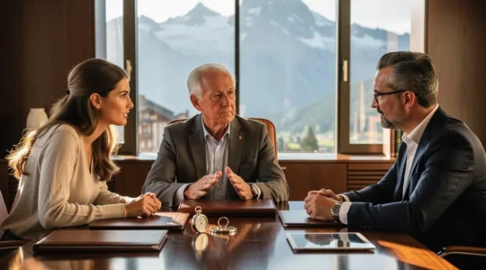 Mehrere Generationen einer Familie diskutieren Vermögensplanung in einem eleganten Schweizer Büro