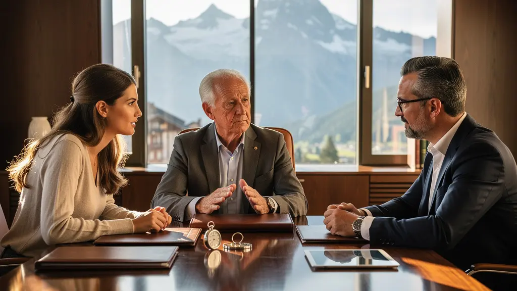 Mehrere Generationen einer Familie diskutieren Vermögensplanung in einem eleganten Schweizer Büro