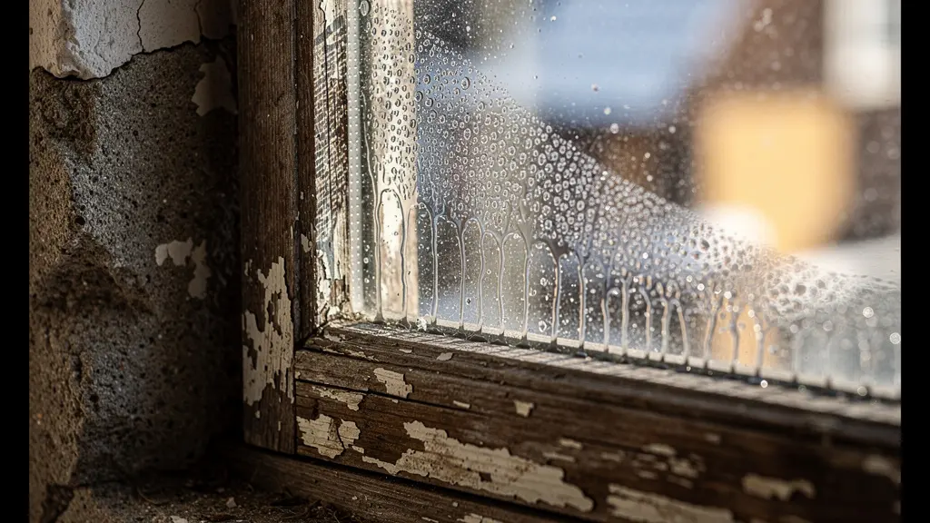 Infrarot-Thermometer misst Temperatur an Fensterecke eines Schweizer Altbaus