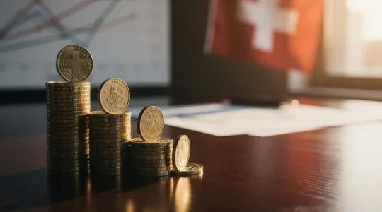 Schweizer Franken Münzen und Geldscheine mit Finanzdokumenten zeigen Vermögenserhalt