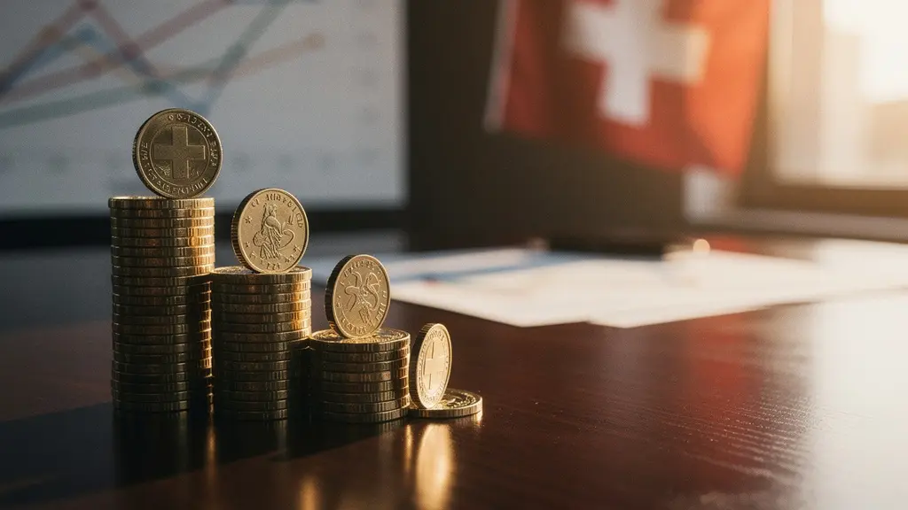 Schweizer Franken Münzen und Geldscheine mit Finanzdokumenten zeigen Vermögenserhalt