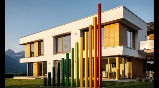 Energieeffizienzklassifizierung GEAK-Ausweis mit Schweizer Immobilie im Hintergrund