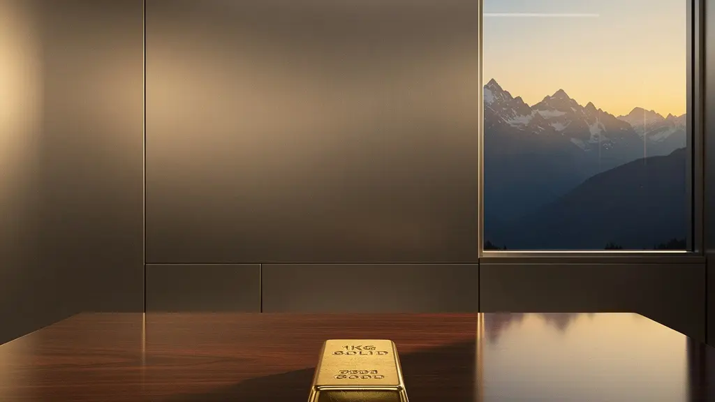 Goldbarren mit Schweizer Flagge und Alpenpanorama im Hintergrund