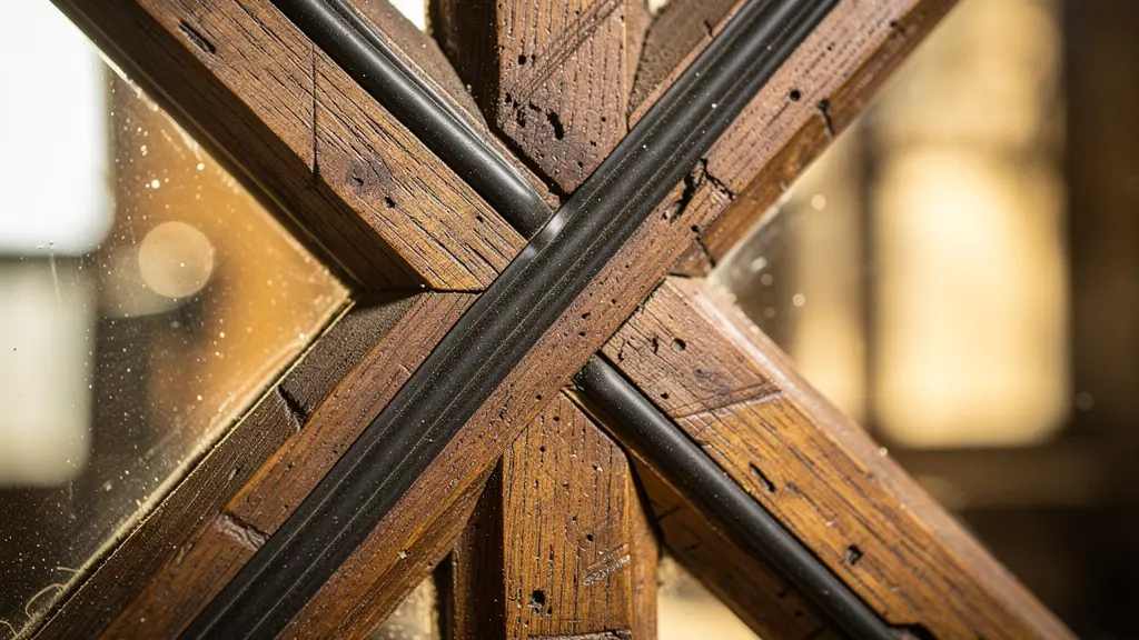 Makroaufnahme eines historischen Fensters mit sichtbaren Isolierungsarbeiten an den filigranen Holzsprossen