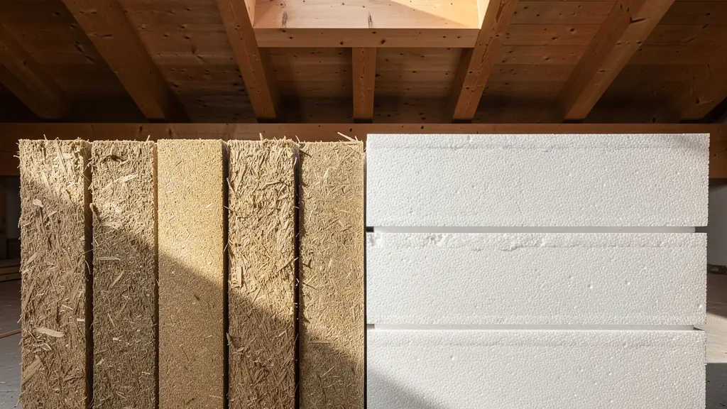 Vergleich von Holzfaserdämmung und Styropor-Dämmplatten für sommerlichen Hitzeschutz in einem Schweizer Dachgeschoss