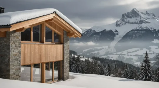 Alpenhaus mit verstärktem Dach gegen Schneelast und moderne Fenstern mit thermischer Isolierung