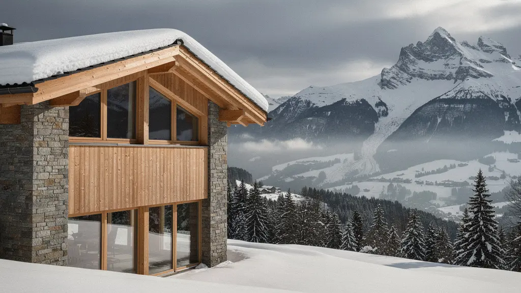 Alpenhaus mit verstärktem Dach gegen Schneelast und moderne Fenstern mit thermischer Isolierung
