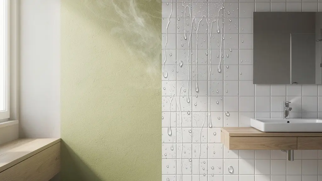 Badezimmerwand mit Kalkputz zeigt natürliche Feuchtigkeitsregulierung im Vergleich zu Fliesen