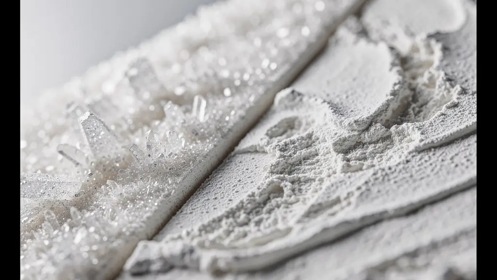 Mikroskopische Darstellung der alkalischen Oberfläche von Kalkputz im Vergleich zu Gipsputz