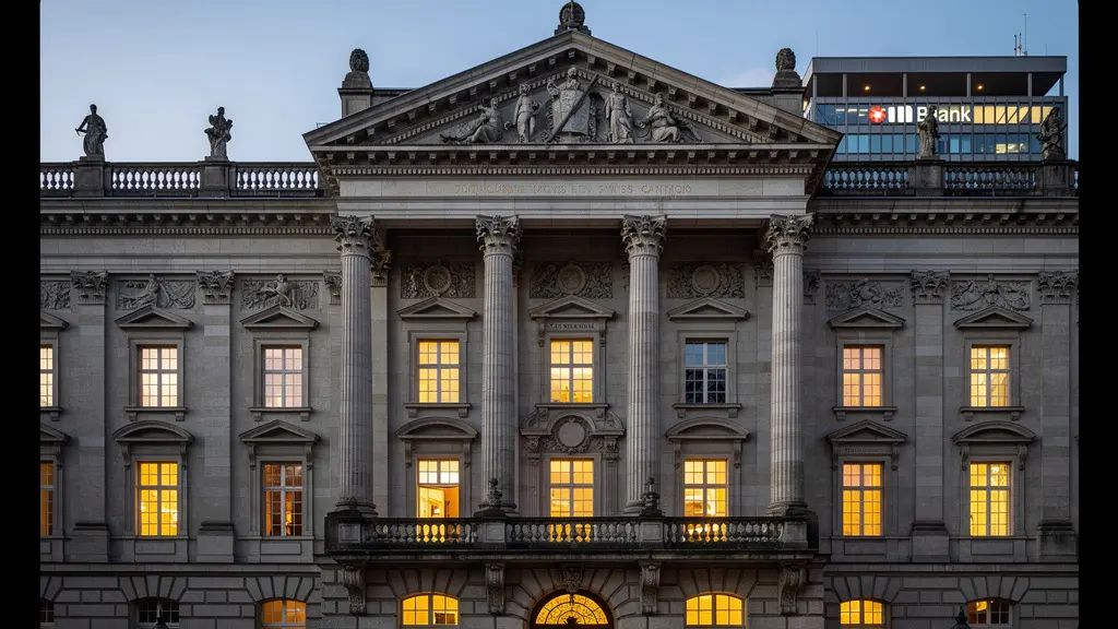 Imposantes Schweizer Kantonsgebäude, das Stabilität symbolisiert, mit einem modernen Bankgebäude im unscharfen Hintergrund.