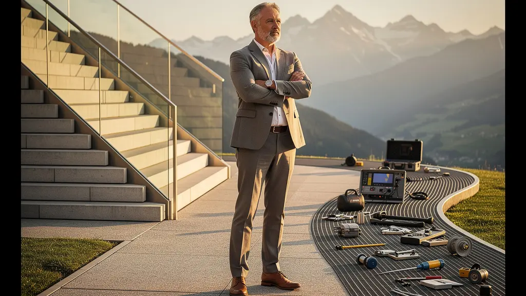 Geschäftsperson an Weggabelung zwischen Führungstreppe und Fachexpertenpfad