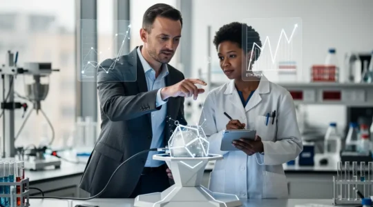 Schweizer KMU-Führungskraft und ETH-Forscher arbeiten gemeinsam an innovativer Technologie in modernem Labor