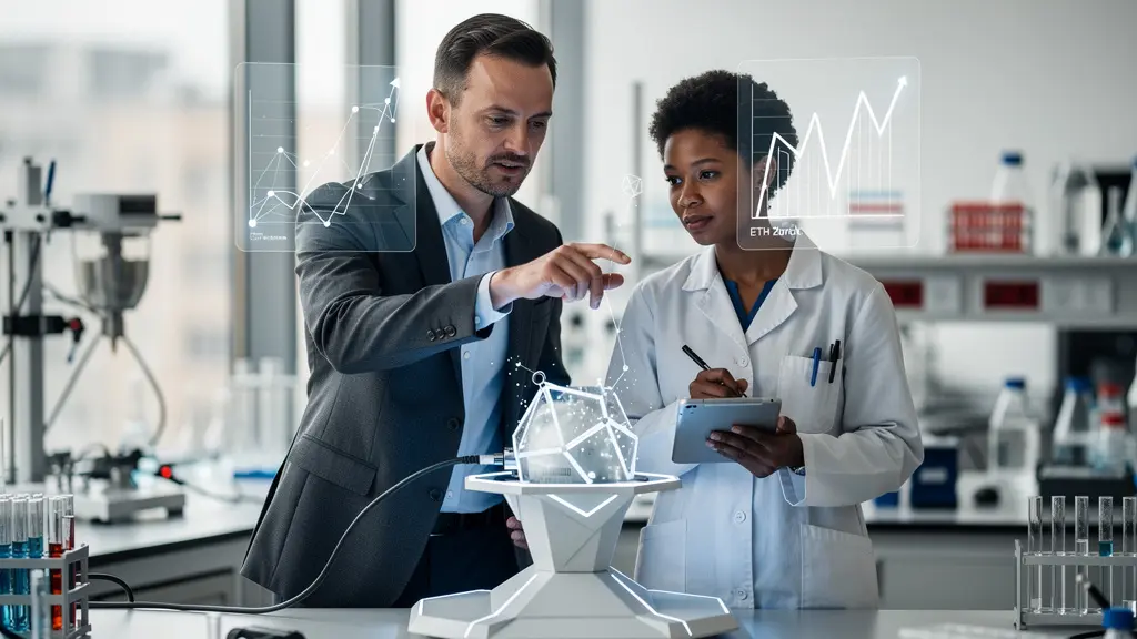 Schweizer KMU-Führungskraft und ETH-Forscher arbeiten gemeinsam an innovativer Technologie in modernem Labor