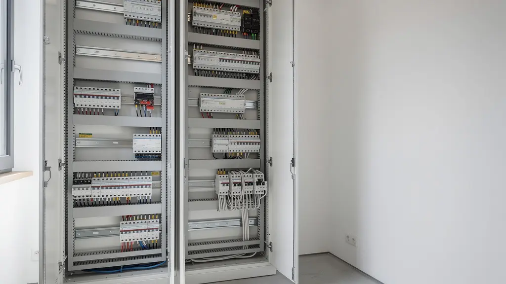 Moderne Smart Home Zentrale mit KNX-Komponenten verschiedener Hersteller in einem technischen Raum