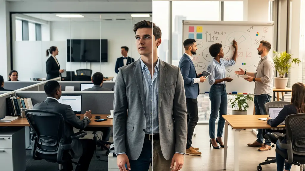 Gegenüberstellung der Arbeitsweisen in Grossbank und Fintech-Startup, die einen nachdenklichen Profi zwischen den beiden Welten zeigt.