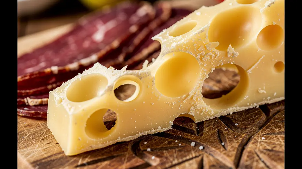 Makroaufnahme von Schweizer Käsestücken mit sichtbarer Textur