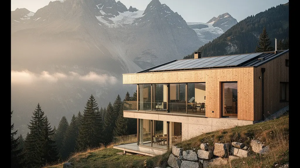 Modernes Minergie-P Einfamilienhaus mit Solardach in Schweizer Berglandschaft