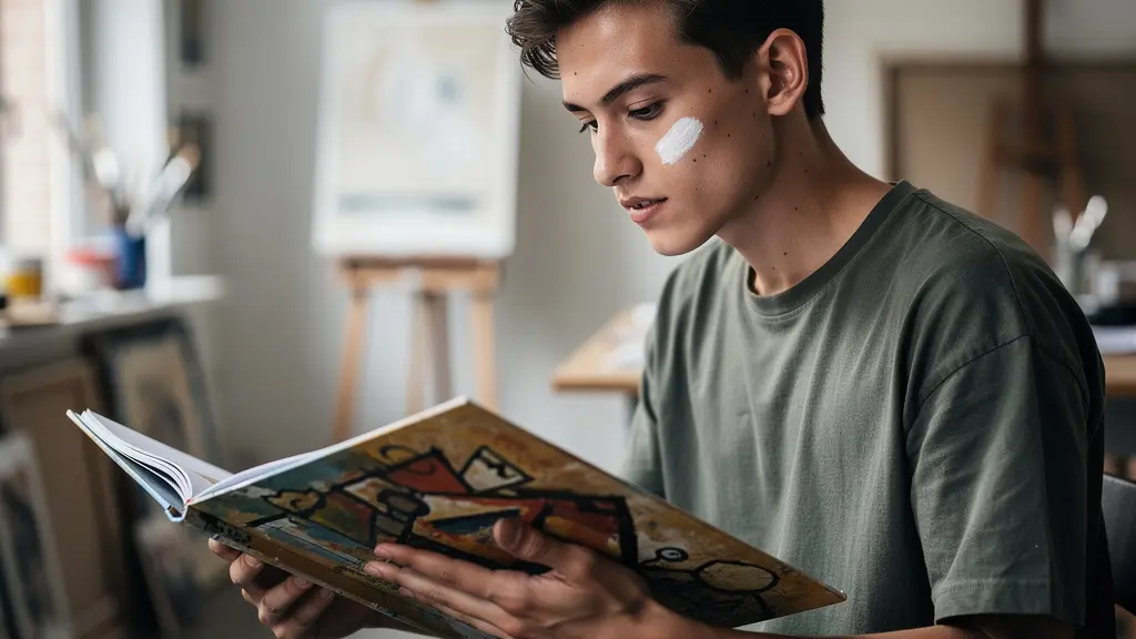 Junger Künstler präsentiert Portfolio in moderner Kunstakademie