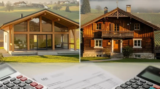 Modernes Neubauprojekt und renoviertes Altbauhaus nebeneinander im Schweizer Mittelland mit Finanzunterlagen