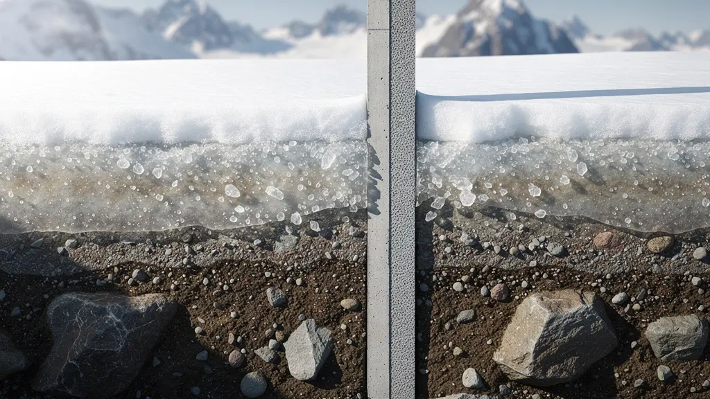 Querschnitt durch alpinen Boden zeigt Permafrostschichten und moderne Fundamenttechnik