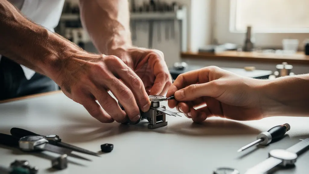 Qualitätszirkel-Meeting in einem Schweizer KMU-Betrieb, bei dem erfahrene Hände einen Lernenden anleiten.