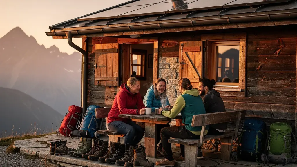 SAC-Berghütte in warmer Abendstimmung mit Bergpanorama