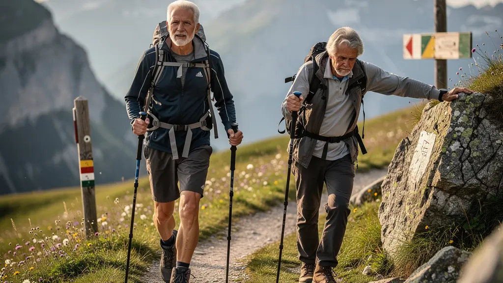 Seniorenpaar beim Wandern in den Schweizer Bergen, das einen deutlichen Unterschied in der körperlichen Fitness zeigt