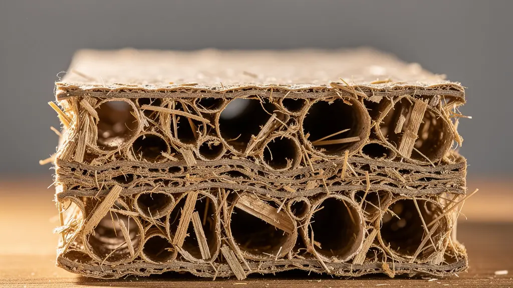 Makroaufnahme der porösen Struktur von Holzfaserdämmung zur Schallabsorption