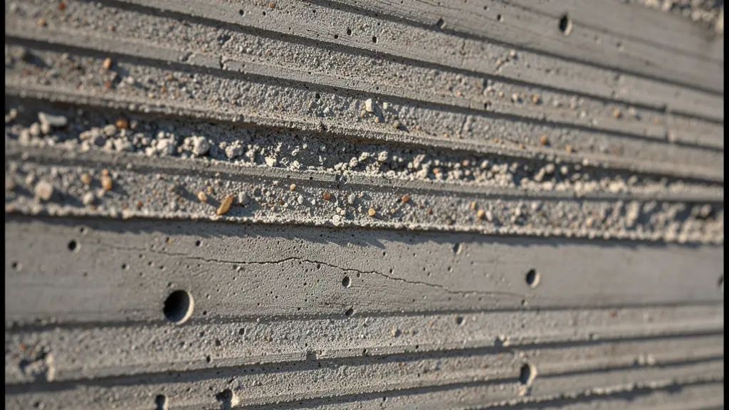 Detailaufnahme einer Sichtbetonoberfläche mit Bretterstruktur