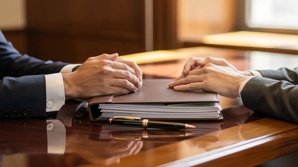 Professioneller Bankberater prüft sorgfältig Dokumente mit einem Kunden an einem polierten Holztisch.