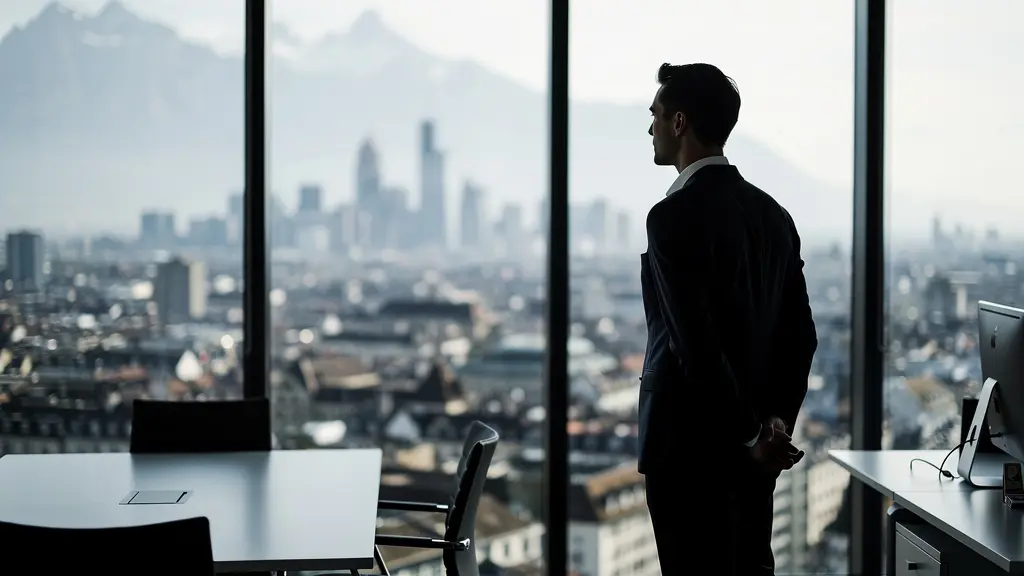 Ein Finanzexperte blickt aus einem modernen Büro in Zürich auf eine Skyline, in der sich die Alpen mit asiatischen Metropolen vermischen.