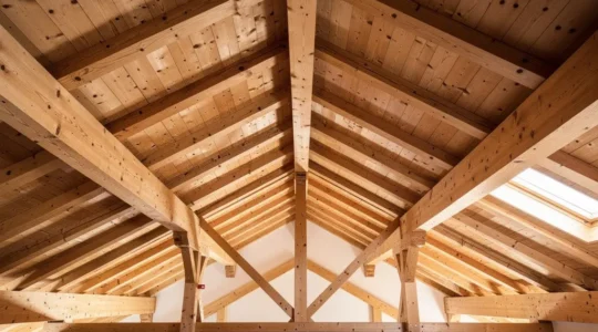 Hochwertige Schweizer Holzbalken eines traditionellen Dachstuhls mit sichtbarer Faserstruktur und Qualität