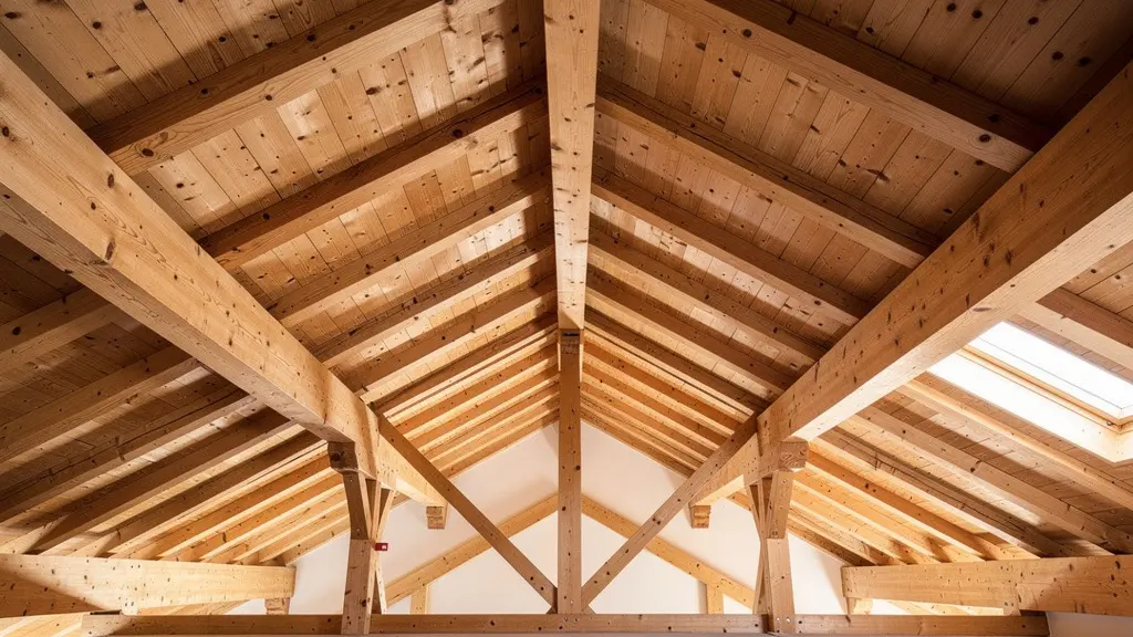 Hochwertige Schweizer Holzbalken eines traditionellen Dachstuhls mit sichtbarer Faserstruktur und Qualität