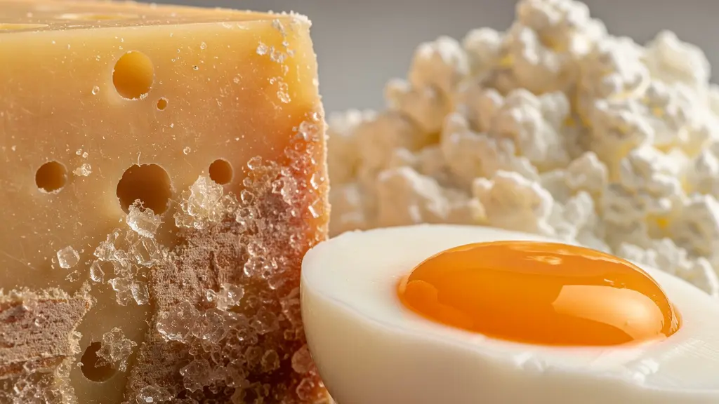 Übersicht lokaler Schweizer Proteinquellen wie Gruyère-Käse, Eier und Séré zur Optimierung der Makronährstoffzufuhr.