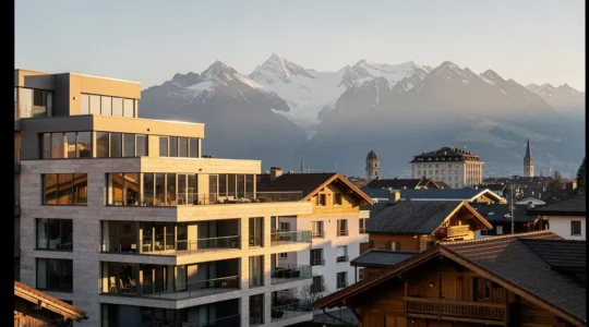 Schweizer Immobilienmarkt mit modernen Gebäuden und historischer Architektur in harmonischer Komposition
