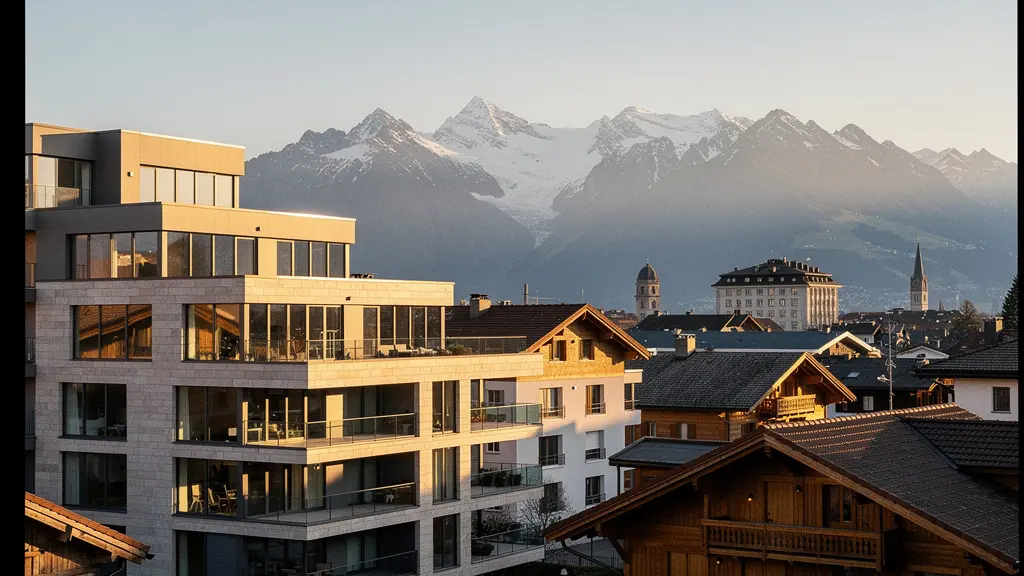 Schweizer Immobilienmarkt mit modernen Gebäuden und historischer Architektur in harmonischer Komposition